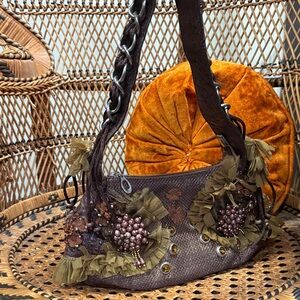 Newport News Brown and Olive Embellished Shoulder Bag Y2K